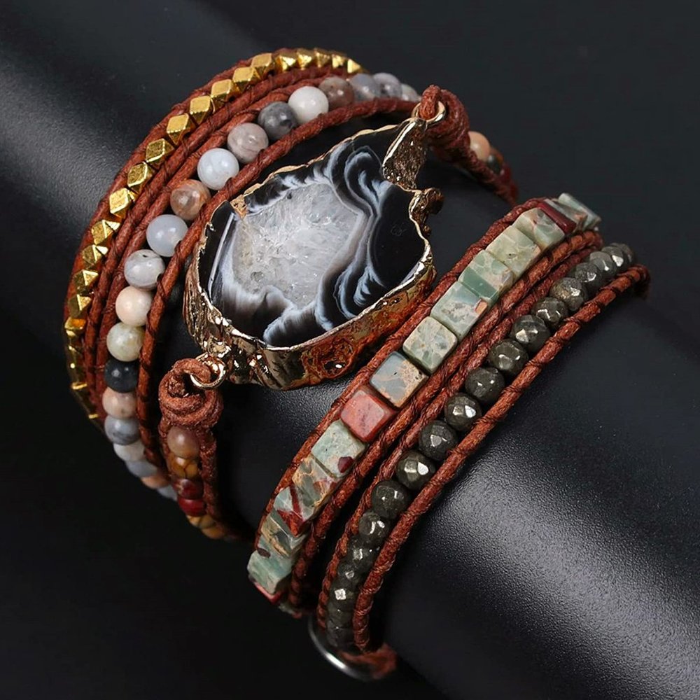 Druzy Agate Charm Bracelet Natural Stone Crystal Beaded Leather Wrap Bracelet